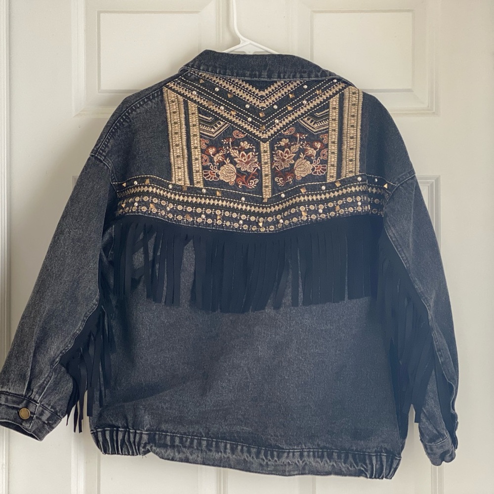Black Denim Floral Embroidery with Fringe Jacket